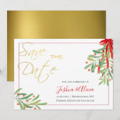 Waterverf Mistletoe & Gold | Vakantieduur Save The Date (Voorkant / Achterkant)