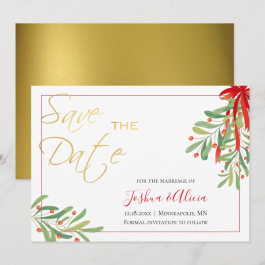 Waterverf Mistletoe & Gold | Vakantieduur Save The Date (Voorkant / Achterkant)