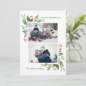 Waterverf Mistletoe Holly Berry Kerstmis 2 FOTO Feestdagenkaart (Staand voorkant)