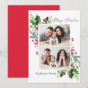 Waterverf Mistletoe Holly Berry Kerstmis 2 FOTO Feestdagenkaart