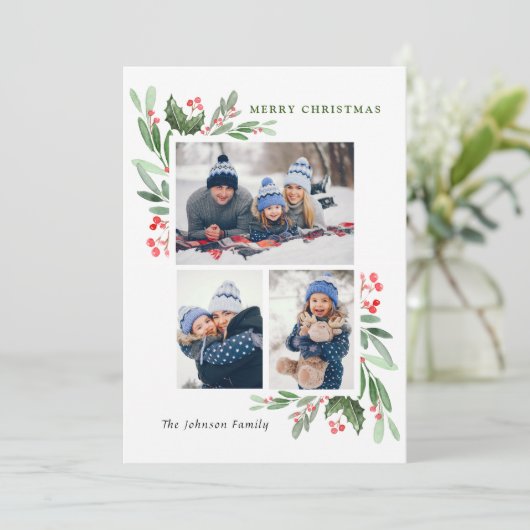 Waterverf Mistletoe Holly Berry Kerstmis 3 FOTO Feestdagenkaart (Staand voorkant)