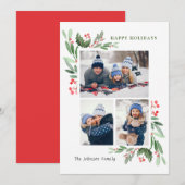 Waterverf Mistletoe Holly Berry Kerstmis 3 FOTO Feestdagenkaart (Voorkant / Achterkant)