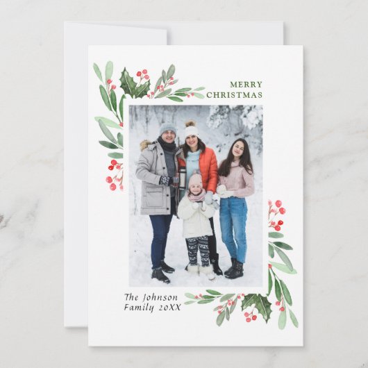 Waterverf Mistletoe Holly Berry Kerstmis FOTO Feestdagenkaart (Voorkant)