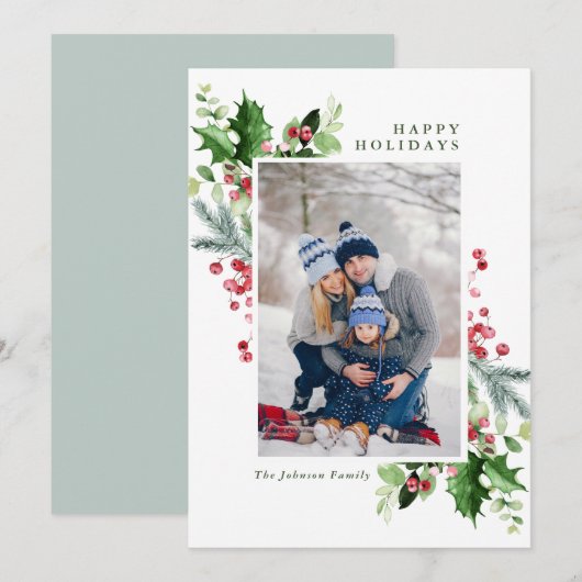 Waterverf Mistletoe Holly Berry Kerstmis FOTO Feestdagenkaart (Voorkant / Achterkant)