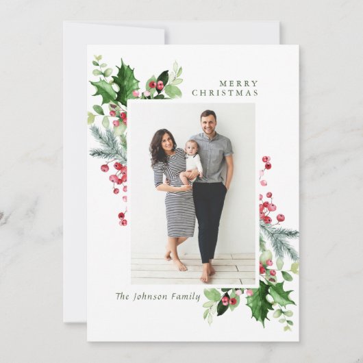 Waterverf Mistletoe Holly Berry Kerstmis FOTO Feestdagenkaart (Voorkant)