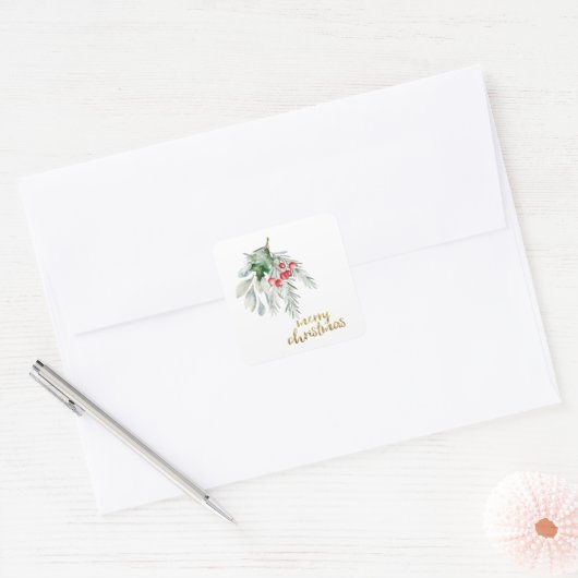 Waterverf Mistletoe Vierkante Sticker (Envelop)