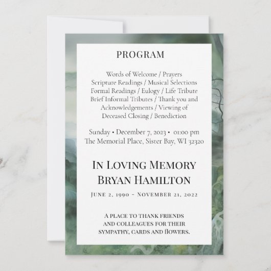 Waterverf Misty Forest begrafenisprogramma Kaart (Achterkant)