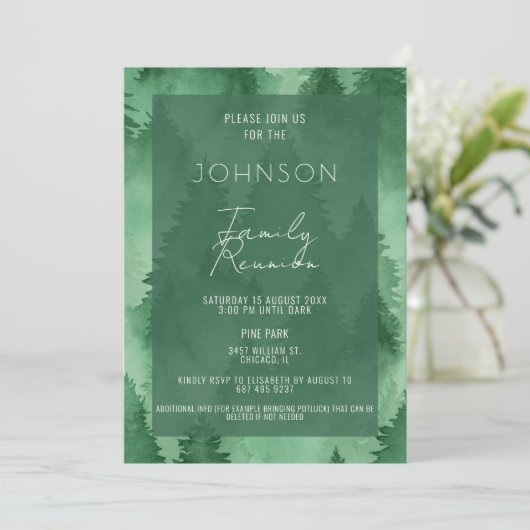 Waterverf Misty Forest Modern Rustic Invitation Kaart (Staand voorkant)