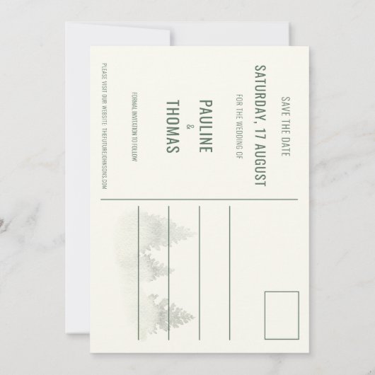 Waterverf Misty Forest Moderne rustieke bruiloft Save The Date (Achterkant)