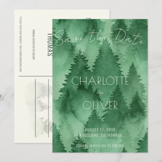 Waterverf Misty Forest Moderne rustieke bruiloft Save The Date (Voorkant / Achterkant)