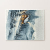 Waterverf Misty Mountains Cabin Winterlandschap Legpuzzel (Horizontaal)