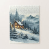 Waterverf Misty Mountains Cabin Winterlandschap Legpuzzel (Verticaal)