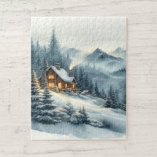Waterverf Misty Mountains Cabin Winterlandschap Legpuzzel
