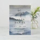 Waterverf Misty Mountains indigo blauw bruiloft Kaart (Staand voorkant)
