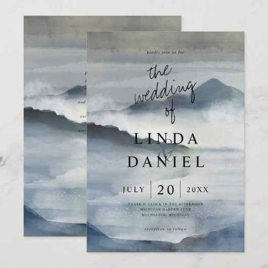 Waterverf Misty Mountains indigo blauw bruiloft Kaart (Voorkant / Achterkant)