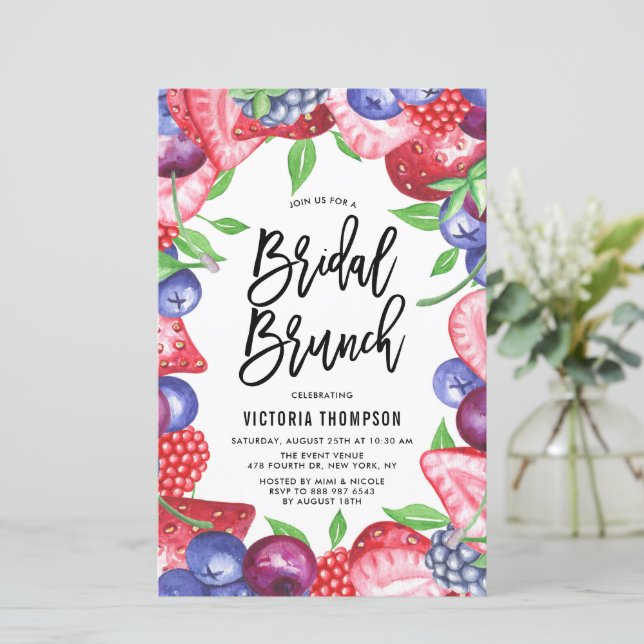 Waterverf Mix Berries Summer Bridal Brunch Invite (Staand voorkant)