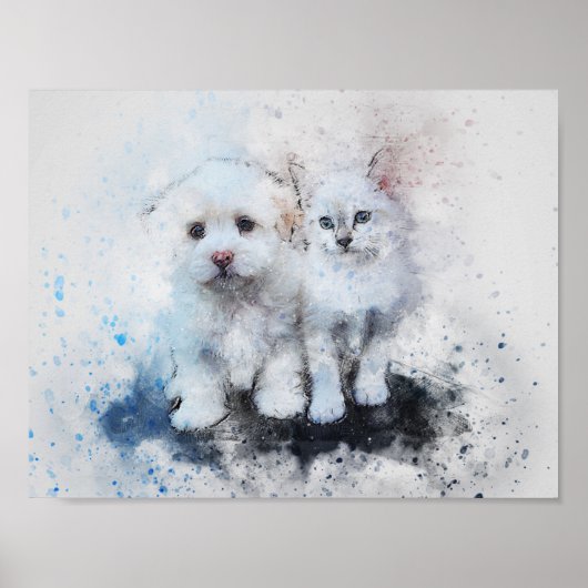 Waterverf Mix Media Kitten en Puppy Buddies Poster (Voorkant)