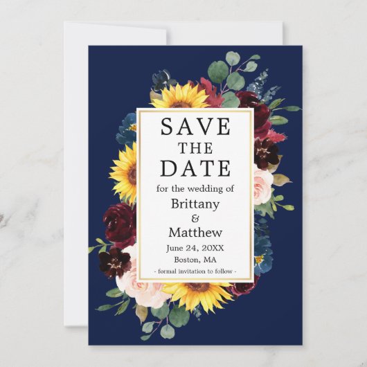 Waterverf Mixed Floral Foto Terug Goud Blauw Save The Date (Voorkant)