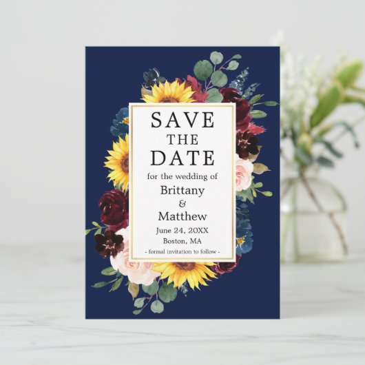 Waterverf Mixed Floral Foto Terug Goud Blauw Save The Date (Staand voorkant)