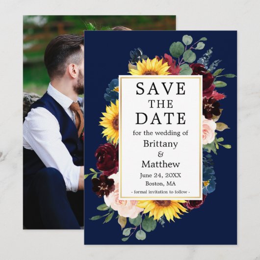 Waterverf Mixed Floral Foto Terug Goud Blauw Save The Date (Voorkant / Achterkant)