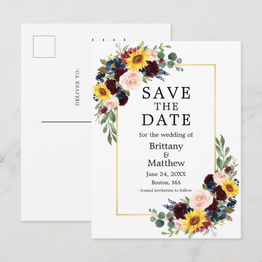 Waterverf Mixed Floral Gold Lijst Save the Date Briefkaart (Voorkant / Achterkant)