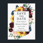 Waterverf Mixed Floral Lijst Bewaar de datum Aankondigingskaart<br><div class="desc">Modern Elegant Waterverf Bourgondië Floral Lijst Wedding Save The Date Verloving Aankondiging Briefkaart omvat bordeaux rozen,  roze rozen,  rode bloemen,  blauw bloemen,  zonnebloemen,  eucalyptusbladeren en botanisch groen.</div>