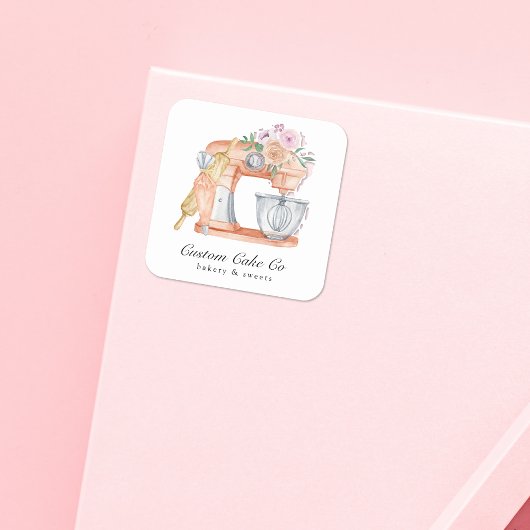 Waterverf Mixer Cake + Bakkerij Visitekaartje Vierkante Sticker