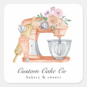 Waterverf Mixer Cake + Bakkerij Visitekaartje Vierkante Sticker (Voorkant)