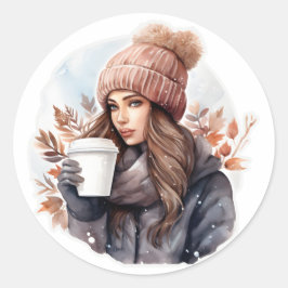 Waterverf mode winter meisje met koffie ronde sticker