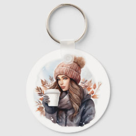Waterverf mode winter meisje met koffie sleutelhanger