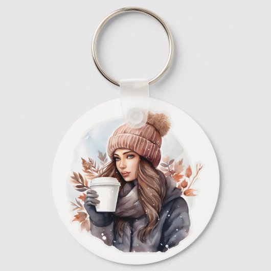 Waterverf mode winter meisje met koffie sleutelhanger (Voorkant)