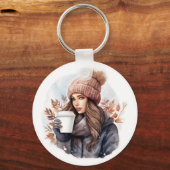 Waterverf mode winter meisje met koffie sleutelhanger (Voorkant)