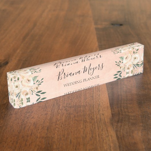 Waterverf Modern Blush Peach Hydrangeas Business Naambordje (Zijkant)