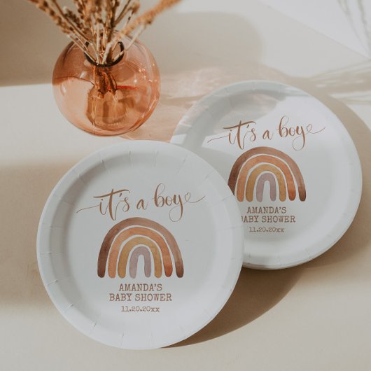 Waterverf Modern Boho Rainbow Het is een jongen Papieren Bordje