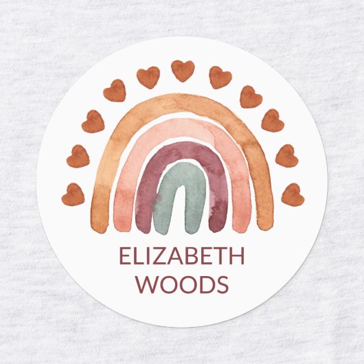 Waterverf Modern Boho Regenboog & Hart Naam School Labels (Design 2)