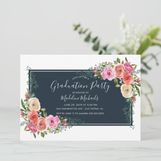 Waterverf Modern Floral Afstuderen Invitation Kaart (Staand voorkant)