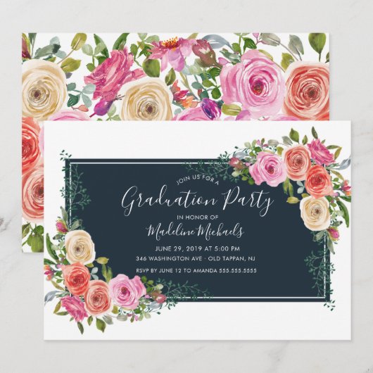 Waterverf Modern Floral Afstuderen Invitation Kaart (Voorkant / Achterkant)