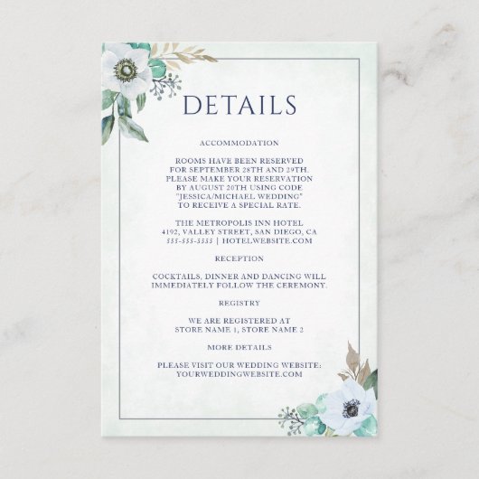 Waterverf Modern Floral Anemone Wedding Details Informatiekaartje (Voorkant)