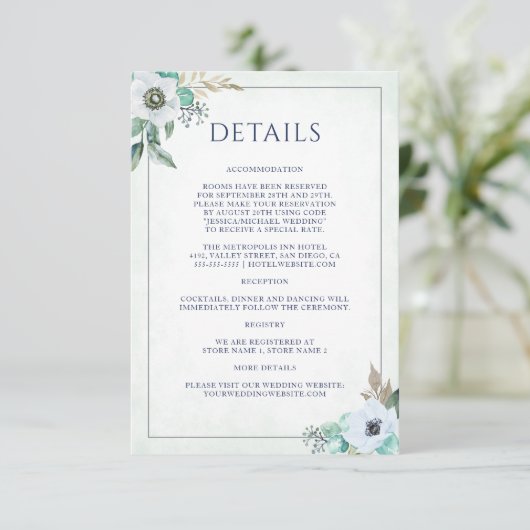 Waterverf Modern Floral Anemone Wedding Details Informatiekaartje (Staand voorkant)