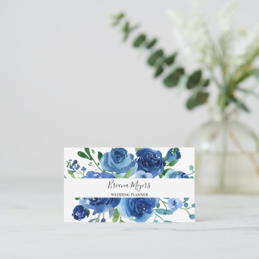 Waterverf modern Floral Navy Blue Script Visitekaartje (Staand voorkant)