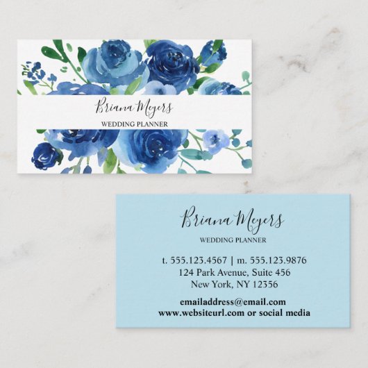 Waterverf modern Floral Navy Blue Script Visitekaartje (Voorkant / Achterkant)