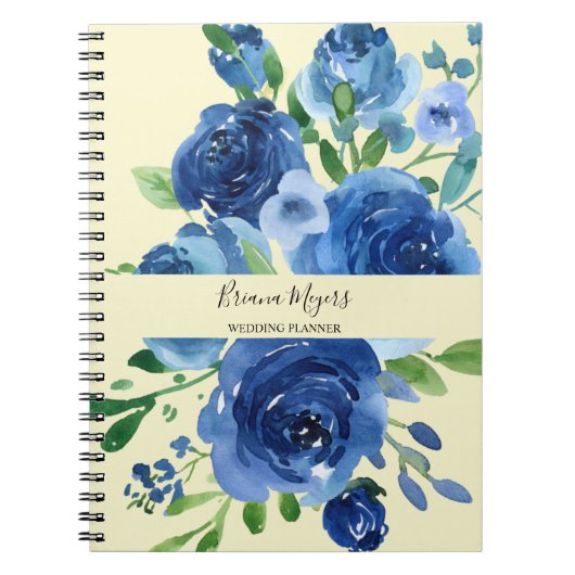 Waterverf Modern Floral Navy Blue Yellow Business Notitieboek (Voorkant)