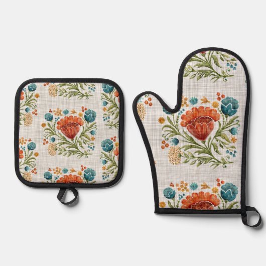 Waterverf Modern Flower Motif Aardse Whimsical Ovenwant & Pannenlap Set (Voorkant)