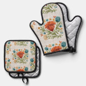 Waterverf Modern Flower Motif Aardse Whimsical Ovenwant & Pannenlap Set (Voorkant / Achterkant)