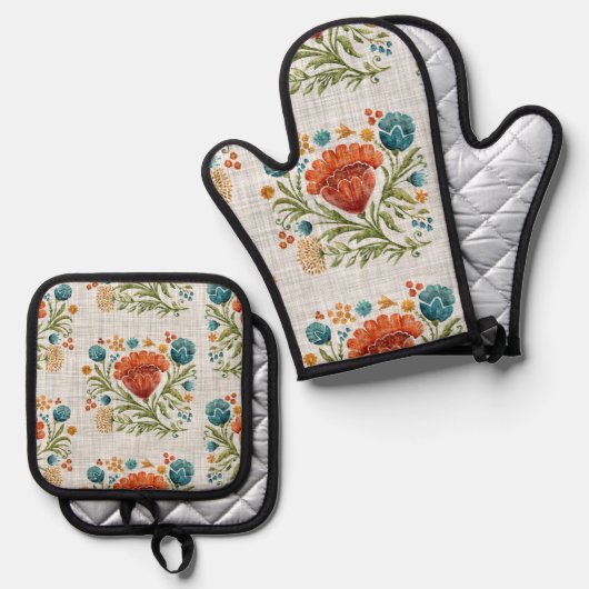 Waterverf Modern Flower Motif Aardse Whimsical Ovenwant & Pannenlap Set (Voorkant / Achterkant)