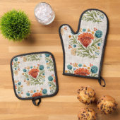 Waterverf Modern Flower Motif Aardse Whimsical Ovenwant & Pannenlap Set (Top down)