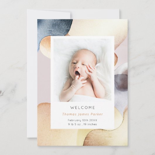 Waterverf Modern Foto geboorte Aankondiging (Voorkant)