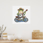 Waterverf Modern Green Frog met gitaar op de fiets Poster (Keuken)
