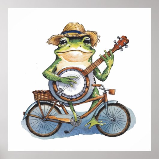 Waterverf Modern Green Frog met gitaar op de fiets Poster (Voorkant)