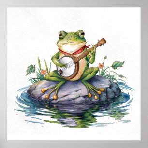 Waterverf Modern Green Frog met gitaar op rock 2 Poster